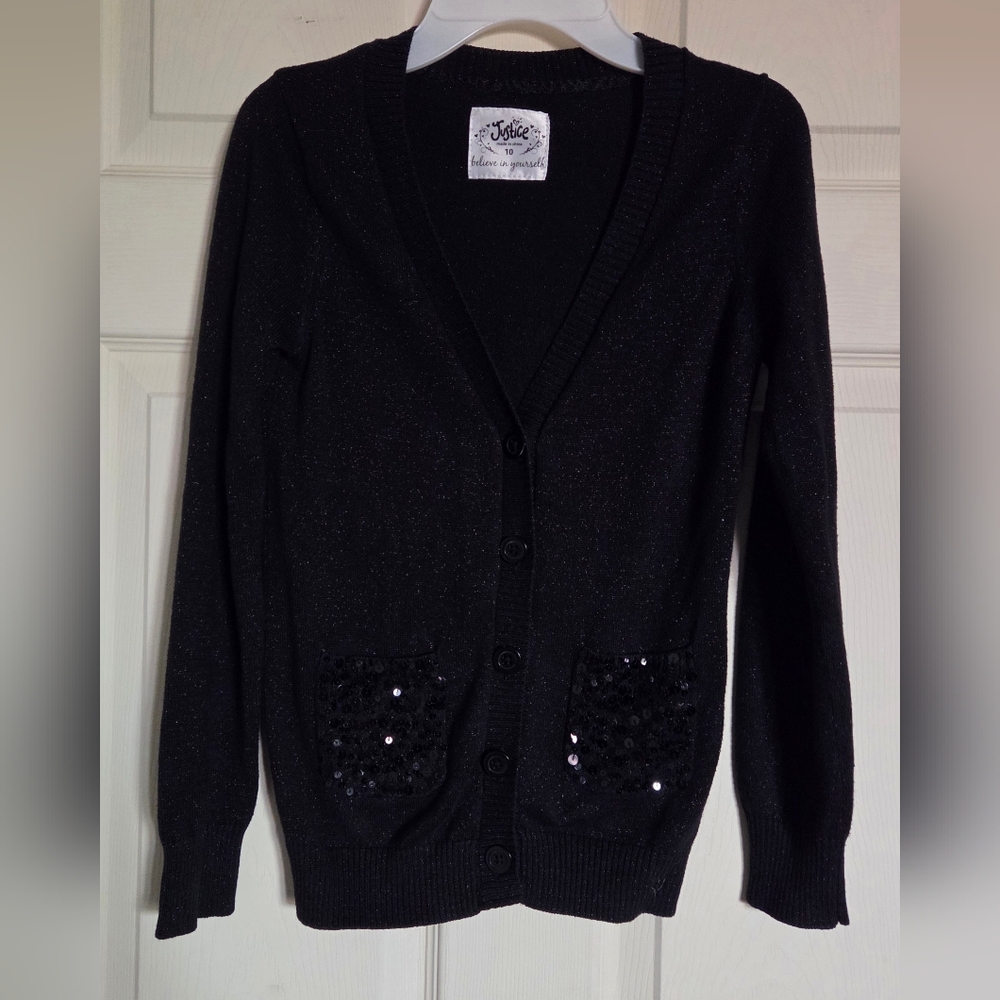 Justice Black Sequin Pocket Cardigan Sweater Size 10